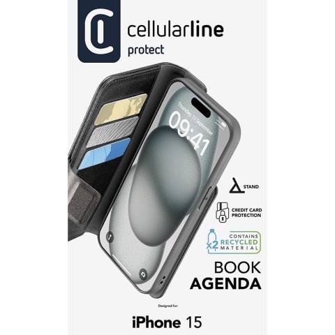 Cellularline Book Agenda - Etui iPhone 15 z powłoką MICROBAN (czarny) Cellularline Book Agenda - Etui iPhone 15 z powłoką MICROBAN (czarny)