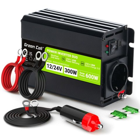 Green Cell - Przetwornica napięcia Inwerter DUO 12V/24V na 230V 300W/600W Modyfikowana sinusoida Green Cell - Przetwornica napięcia Inwerter DUO 12V/24V na 230V 300W/600W Modyfikowana sinusoida