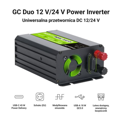 Green Cell - Przetwornica napięcia Inwerter DUO 12V/24V na 230V 300W/600W Modyfikowana sinusoida Green Cell - Przetwornica napięcia Inwerter DUO 12V/24V na 230V 300W/600W Modyfikowana sinusoida