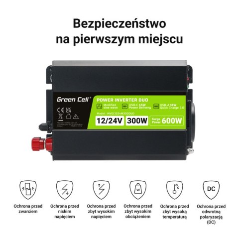 Green Cell - Przetwornica napięcia Inwerter DUO 12V/24V na 230V 300W/600W Modyfikowana sinusoida Green Cell - Przetwornica napięcia Inwerter DUO 12V/24V na 230V 300W/600W Modyfikowana sinusoida