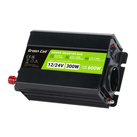 Green Cell - Przetwornica napięcia Inwerter DUO 12V/24V na 230V 300W/600W Modyfikowana sinusoida Green Cell - Przetwornica napięcia Inwerter DUO 12V/24V na 230V 300W/600W Modyfikowana sinusoida