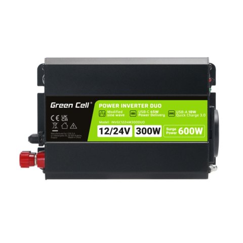 Green Cell - Przetwornica napięcia Inwerter DUO 12V/24V na 230V 300W/600W Modyfikowana sinusoida Green Cell - Przetwornica napięcia Inwerter DUO 12V/24V na 230V 300W/600W Modyfikowana sinusoida