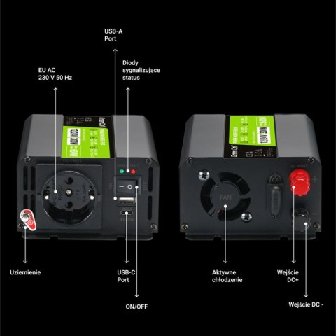 Green Cell - Przetwornica napięcia Inwerter DUO 12V/24V na 230V 300W/600W Modyfikowana sinusoida Green Cell - Przetwornica napięcia Inwerter DUO 12V/24V na 230V 300W/600W Modyfikowana sinusoida