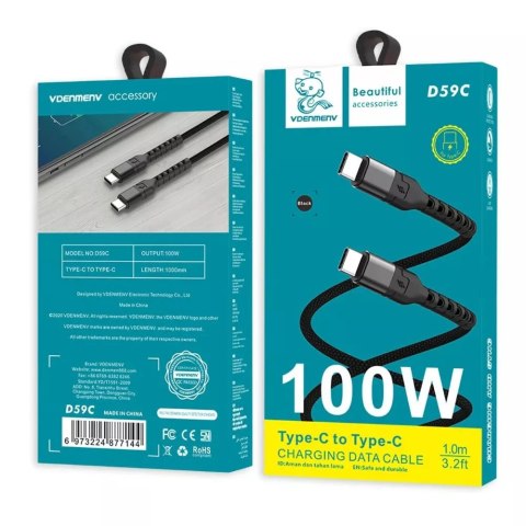 Denmen Kabel Denmen USB-C do USB-C 100W 1m Szybkie Ładowanie Czarny Denmen Kabel Denmen USB-C do USB-C 100W 1m Szybkie Ładowanie Czarny