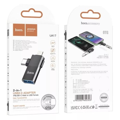 Hoco HOCO Adapter OTG Typ C (Męski) / Lightning (Męski) Do USB A (Żeński) 2w1 UA17 Czarny Hoco HOCO Adapter OTG Typ C (Męski) / Lightning (Męski) Do USB A (Żeński) 2w1 UA17 Czarny