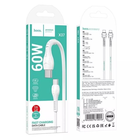 Hoco HOCO Kabel Typ C do Typ C X37 1 m Biały PD 60W Szybkie Ładowanie Hoco HOCO Kabel Typ C do Typ C X37 1 m Biały PD 60W Szybkie Ładowanie