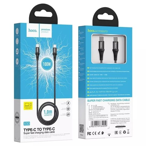 Hoco HOCO Kabel Typ C do Typ C X50 1 m Czarny PD 100W 5A Nylonowy Oplot Hoco HOCO Kabel Typ C do Typ C X50 1 m Czarny PD 100W 5A Nylonowy Oplot