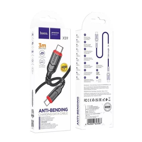 Hoco HOCO Kabel Typ C do Typ C X59 3 m Czarny PD 60W 3A Nylonowy Oplot Hoco HOCO Kabel Typ C do Typ C X59 3 m Czarny PD 60W 3A Nylonowy Oplot