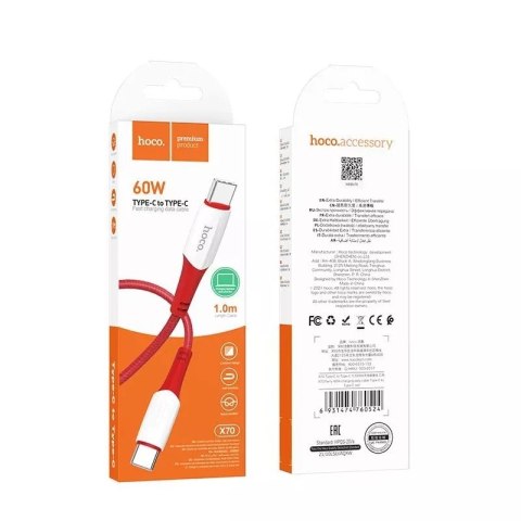 Hoco HOCO Kabel Typ C do Typ C X70 1 m Czerwony PD 60W Szybkie Ładowanie Hoco HOCO Kabel Typ C do Typ C X70 1 m Czerwony PD 60W Szybkie Ładowanie