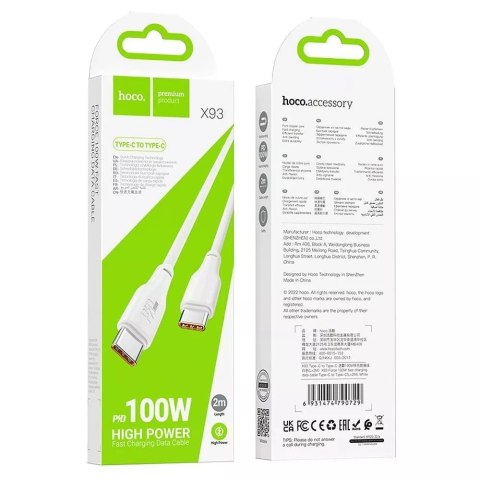 Hoco HOCO Kabel Typ C do Typ C X93 2 m Biały PD 100W 5A Szybkie Ładowanie Hoco HOCO Kabel Typ C do Typ C X93 2 m Biały PD 100W 5A Szybkie Ładowanie