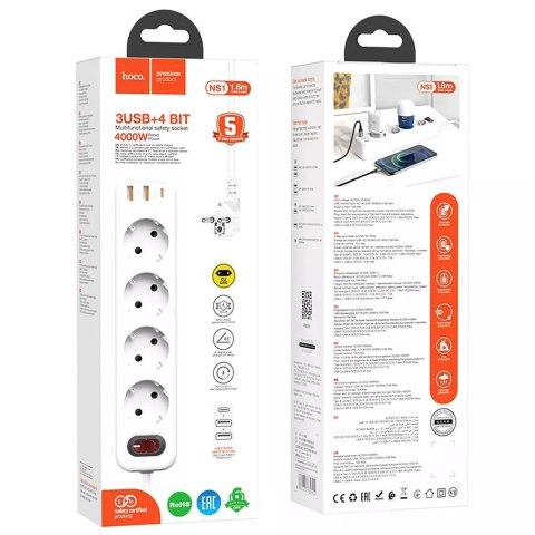 Hoco HOCO Listwa Zasilająca 4 Gniazda + 2x USB-A + Typ C PD QC3.0 20W NS1 1,8 m Hoco HOCO Listwa Zasilająca 4 Gniazda + 2x USB-A + Typ C PD QC3.0 20W NS1 1,8 m