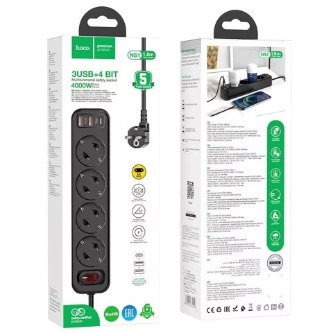 Hoco HOCO Listwa Zasilająca 4 Gniazda + 2x USB-A + Typ C PD QC3.0 20W NS1 1,8 m Hoco HOCO Listwa Zasilająca 4 Gniazda + 2x USB-A + Typ C PD QC3.0 20W NS1 1,8 m
