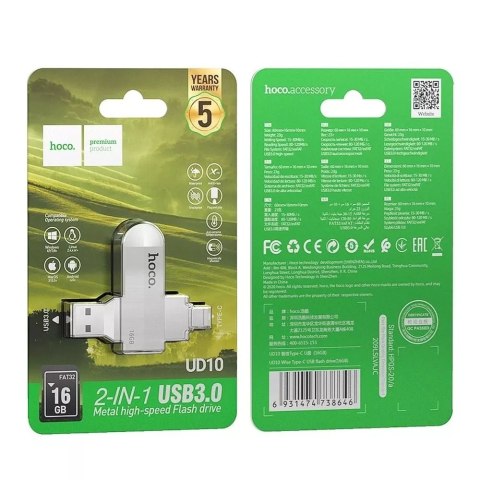 Hoco HOCO Pendrive USB A + Typ C UD10 16GB USB 3.0 Rotacyjny, Szeroka Kompatybilność Hoco HOCO Pendrive USB A + Typ C UD10 16GB USB 3.0 Rotacyjny, Szeroka Kompatybilność