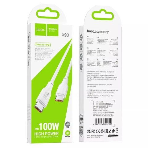 Hoco HOCO kabel Typ C do Typ C 3A 100W X93 2 m biały Hoco HOCO kabel Typ C do Typ C 3A 100W X93 2 m biały