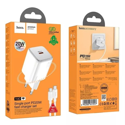 Hoco Ładowarka sieciowa HOCO Typ C + kabel Typ C do Typ C QC PD 20W Biała Hoco Ładowarka sieciowa HOCO Typ C + kabel Typ C do Typ C QC PD 20W Biała