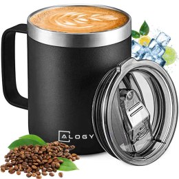 Alogy Kubek termiczny 420ml z uchwytem pokrywką na kawę herbatę stalowy zimne i ciepłe napoje Alogy Czarny