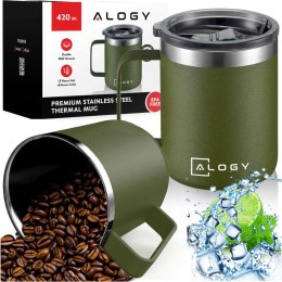 Alogy Kubek termiczny 420ml z uchwytem pokrywką na kawę herbatę stalowy zimne i ciepłe napoje Alogy Zielony