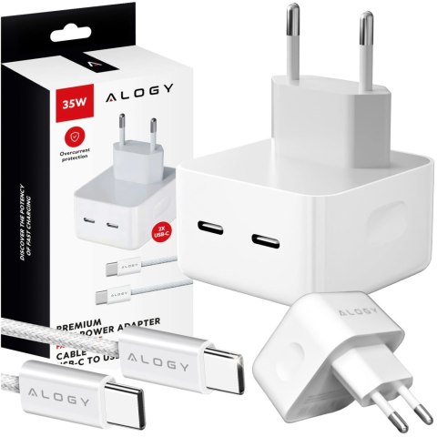 Alogy Ładowarka sieciowa szybka 35W 2x USB-C USB typ C PD do iPhone + Kabel type-C 1m Alogy Biała Alogy Ładowarka sieciowa szybka 35W 2x USB-C USB typ C PD do iPhone + Kabel type-C 1m Alogy Biała