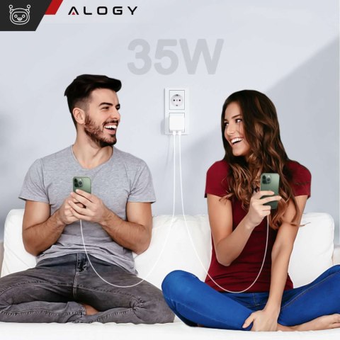 Alogy Ładowarka sieciowa szybka 35W 2x USB-C USB typ C PD do iPhone + Kabel type-C 1m Alogy Biała Alogy Ładowarka sieciowa szybka 35W 2x USB-C USB typ C PD do iPhone + Kabel type-C 1m Alogy Biała