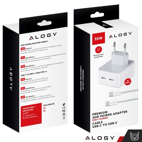 Alogy Ładowarka sieciowa szybka 35W 2x USB-C USB typ C PD do iPhone + Kabel type-C 1m Alogy Biała Alogy Ładowarka sieciowa szybka 35W 2x USB-C USB typ C PD do iPhone + Kabel type-C 1m Alogy Biała