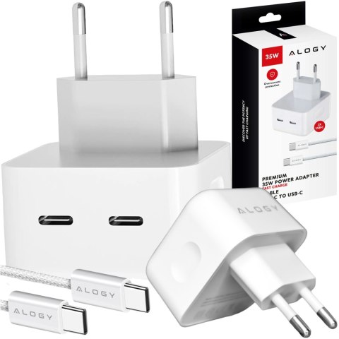 Alogy Ładowarka sieciowa szybka 35W 2x USB-C USB typ C PD do iPhone + Kabel type-C 1m Alogy Biała Alogy Ładowarka sieciowa szybka 35W 2x USB-C USB typ C PD do iPhone + Kabel type-C 1m Alogy Biała