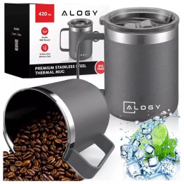 Alogy Kubek termiczny 420ml z uchwytem pokrywką na kawę herbatę stalowy zimne i ciepłe napoje Alogy Szary