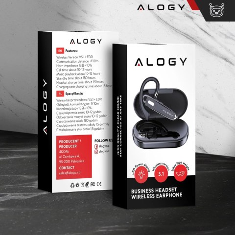 Alogy Słuchawka Bluetooth dla kierowcy bezprzewodowa zestaw z etui ładującym zestaw słuchawkowy Alogy Czarna Alogy Słuchawka Bluetooth dla kierowcy bezprzewodowa zestaw z etui ładującym zestaw słuchawkowy Alogy Czarna