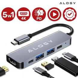 Alogy Hub 5w1 USB-C do USB-C PD100W, USB-C, USB.A 2.0, USB.A 3.0, HDMI 4K 30Hz / 1080p 60Hz - Alogy MultiHub™ Do Notebooka Laptopa