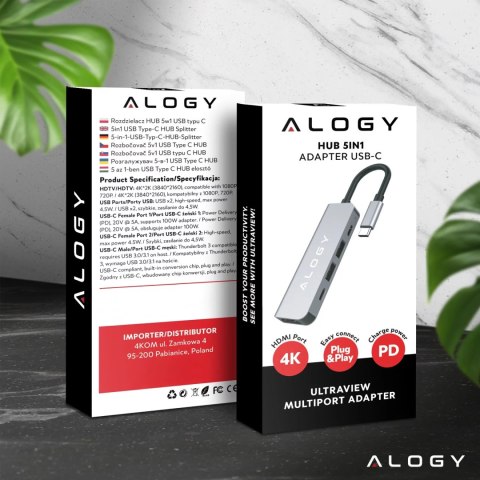 Alogy Hub 5w1 USB-C do USB-C PD100W, USB-C, USB.A 2.0, USB.A 3.0, HDMI 4K 30Hz / 1080p 60Hz - Alogy MultiHub™ Do Notebooka Laptopa Alogy Hub 5w1 USB-C do USB-C PD100W, USB-C, USB.A 2.0, USB.A 3.0, HDMI 4K 30Hz / 1080p 60Hz - Alogy MultiHub™ Do Notebooka Laptopa