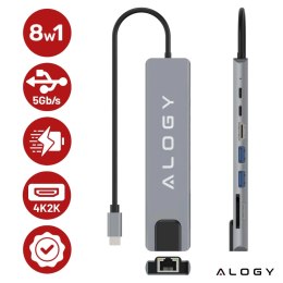 Alogy Hub 8w1 USB-C do 2xA+2xC+HDMI+SD+Micro+LAN 100mb - Alogy MultiHub™ Do Notebooka Laptopa