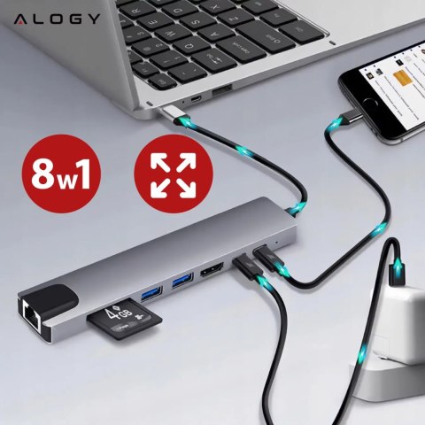 Alogy Hub 8w1 USB-C do 2xA+2xC+HDMI+SD+Micro+LAN 100mb - Alogy MultiHub™ Do Notebooka Laptopa Alogy Hub 8w1 USB-C do 2xA+2xC+HDMI+SD+Micro+LAN 100mb - Alogy MultiHub™ Do Notebooka Laptopa