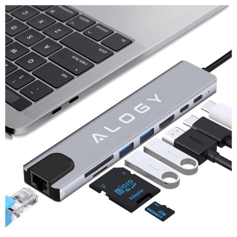 Alogy Hub 8w1 USB-C do 2xA+2xC+HDMI+SD+Micro+LAN 100mb - Alogy MultiHub™ Do Notebooka Laptopa Alogy Hub 8w1 USB-C do 2xA+2xC+HDMI+SD+Micro+LAN 100mb - Alogy MultiHub™ Do Notebooka Laptopa
