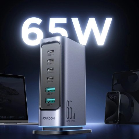 Joyroom Wieloportowa ładowarka Joyroom 65W GaN, 4x USB-C, 2x USB-A, ciemnoszara Joyroom Wieloportowa ładowarka Joyroom 65W GaN, 4x USB-C, 2x USB-A, ciemnoszara