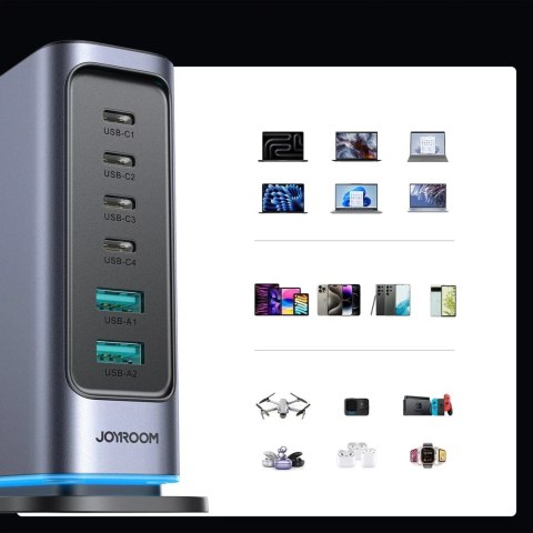 Joyroom Wieloportowa ładowarka Joyroom 65W GaN, 4x USB-C, 2x USB-A, ciemnoszara Joyroom Wieloportowa ładowarka Joyroom 65W GaN, 4x USB-C, 2x USB-A, ciemnoszara