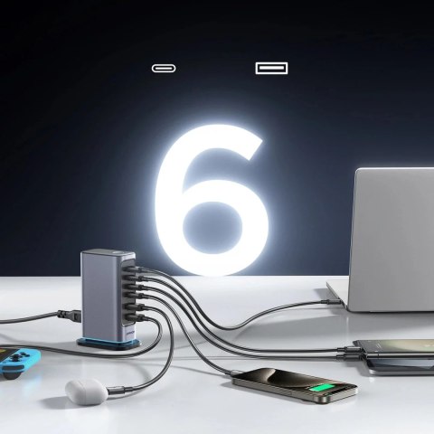 Joyroom Wieloportowa ładowarka Joyroom 65W GaN, 4x USB-C, 2x USB-A, ciemnoszara Joyroom Wieloportowa ładowarka Joyroom 65W GaN, 4x USB-C, 2x USB-A, ciemnoszara