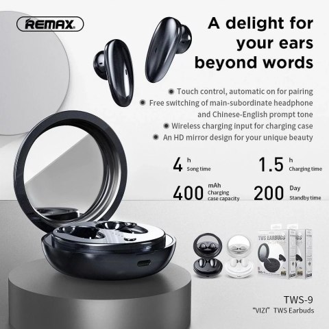 Remax Słuchawki bezprzewodowe Bluetooth 5.0 z Etui, Lusterkiem, Białe REMAX TWS-9 Remax Słuchawki bezprzewodowe Bluetooth 5.0 z Etui, Lusterkiem, Białe REMAX TWS-9