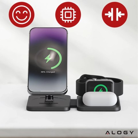 Alogy Ładowarka indukcyjna 3w1 składana Alogy MagCharge Foldable Pro do MagSafe do Apple iPhone Watch AirPods Czarna Alogy Ładowarka indukcyjna 3w1 składana Alogy MagCharge Foldable Pro do MagSafe do Apple iPhone Watch AirPods Czarna