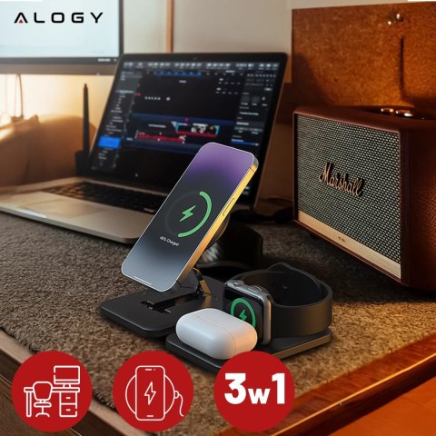 Alogy Ładowarka indukcyjna 3w1 składana Alogy MagCharge Foldable Pro do MagSafe do Apple iPhone Watch AirPods Czarna Alogy Ładowarka indukcyjna 3w1 składana Alogy MagCharge Foldable Pro do MagSafe do Apple iPhone Watch AirPods Czarna