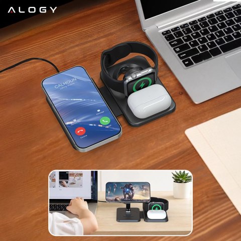 Alogy Ładowarka indukcyjna 3w1 składana Alogy MagCharge Foldable Pro do MagSafe do Apple iPhone Watch AirPods Czarna Alogy Ładowarka indukcyjna 3w1 składana Alogy MagCharge Foldable Pro do MagSafe do Apple iPhone Watch AirPods Czarna