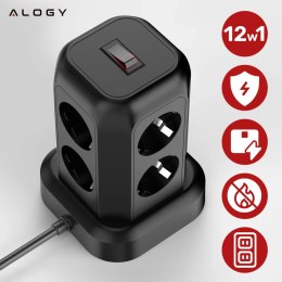 Alogy Przedłużacz 12w1 Rozdzielacz wieża ładująca Alogy ChargeTower Pro 2500W 8x gniazdo ładujące 3x USB.A 1x USB.C kabel 1.8m Czarny