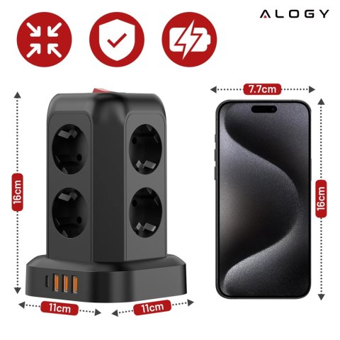 Alogy Przedłużacz 12w1 Rozdzielacz wieża ładująca Alogy ChargeTower Pro 2500W 8x gniazdo ładujące 3x USB.A 1x USB.C kabel 1.8m Czarny Alogy Przedłużacz 12w1 Rozdzielacz wieża ładująca Alogy ChargeTower Pro 2500W 8x gniazdo ładujące 3x USB.A 1x USB.C kabel 1.8m Czarny