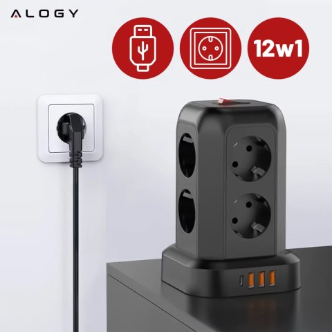 Alogy Przedłużacz 12w1 Rozdzielacz wieża ładująca Alogy ChargeTower Pro 2500W 8x gniazdo ładujące 3x USB.A 1x USB.C kabel 1.8m Czarny Alogy Przedłużacz 12w1 Rozdzielacz wieża ładująca Alogy ChargeTower Pro 2500W 8x gniazdo ładujące 3x USB.A 1x USB.C kabel 1.8m Czarny