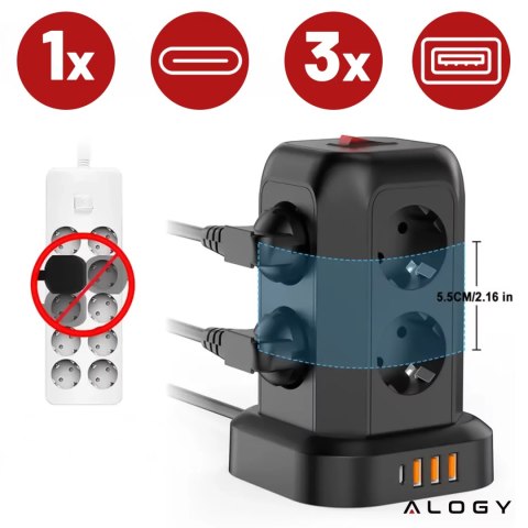 Alogy Przedłużacz 12w1 Rozdzielacz wieża ładująca Alogy ChargeTower Pro 2500W 8x gniazdo ładujące 3x USB.A 1x USB.C kabel 1.8m Czarny Alogy Przedłużacz 12w1 Rozdzielacz wieża ładująca Alogy ChargeTower Pro 2500W 8x gniazdo ładujące 3x USB.A 1x USB.C kabel 1.8m Czarny