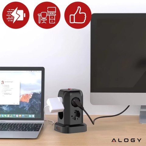 Alogy Przedłużacz 12w1 Rozdzielacz wieża ładująca Alogy ChargeTower Pro 2500W 8x gniazdo ładujące 3x USB.A 1x USB.C kabel 1.8m Czarny Alogy Przedłużacz 12w1 Rozdzielacz wieża ładująca Alogy ChargeTower Pro 2500W 8x gniazdo ładujące 3x USB.A 1x USB.C kabel 1.8m Czarny