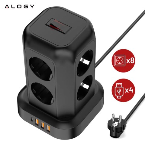 Alogy Przedłużacz 12w1 Rozdzielacz wieża ładująca Alogy ChargeTower Pro 2500W 8x gniazdo ładujące 3x USB.A 1x USB.C kabel 1.8m Czarny Alogy Przedłużacz 12w1 Rozdzielacz wieża ładująca Alogy ChargeTower Pro 2500W 8x gniazdo ładujące 3x USB.A 1x USB.C kabel 1.8m Czarny
