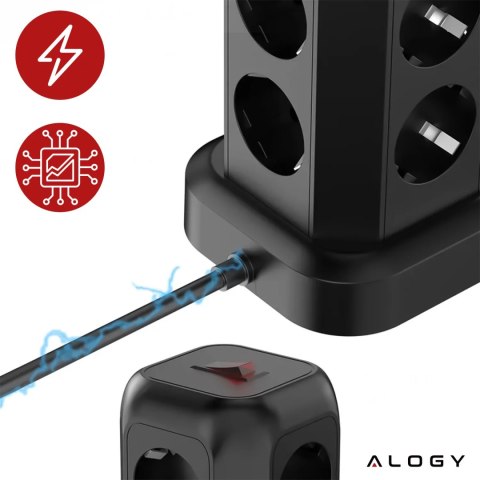 Alogy Przedłużacz 12w1 Rozdzielacz wieża ładująca Alogy ChargeTower Pro 2500W 8x gniazdo ładujące 3x USB.A 1x USB.C kabel 1.8m Czarny Alogy Przedłużacz 12w1 Rozdzielacz wieża ładująca Alogy ChargeTower Pro 2500W 8x gniazdo ładujące 3x USB.A 1x USB.C kabel 1.8m Czarny