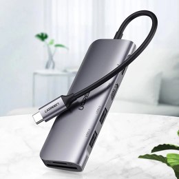 UGreen Adapter Ugreen CM195 USB-C HDMI USB-A SD TF PD 100W Hub 6w1 Szary