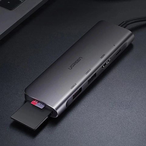 UGreen Adapter Ugreen CM195 USB-C HDMI USB-A SD TF PD 100W Hub 6w1 Szary UGreen Adapter Ugreen CM195 USB-C HDMI USB-A SD TF PD 100W Hub 6w1 Szary