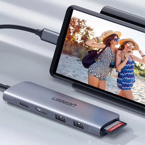 UGreen Adapter Ugreen CM195 USB-C HDMI USB-A SD TF PD 100W Hub 6w1 Szary UGreen Adapter Ugreen CM195 USB-C HDMI USB-A SD TF PD 100W Hub 6w1 Szary