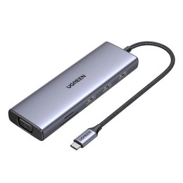 UGreen Adapter Ugreen CM498 USB-C HDMI VGA RJ45 USB-A SD PD 100W Hub 9w1 Szary